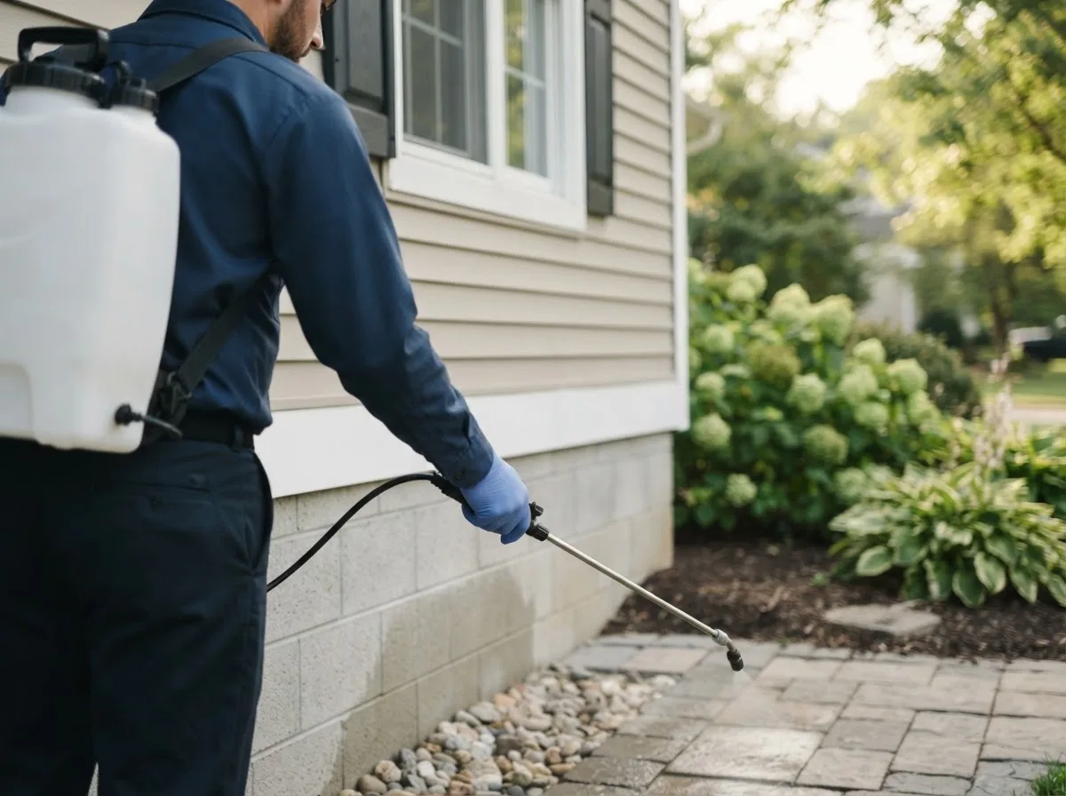 Pest control technician inspecting a home in Portville, NY